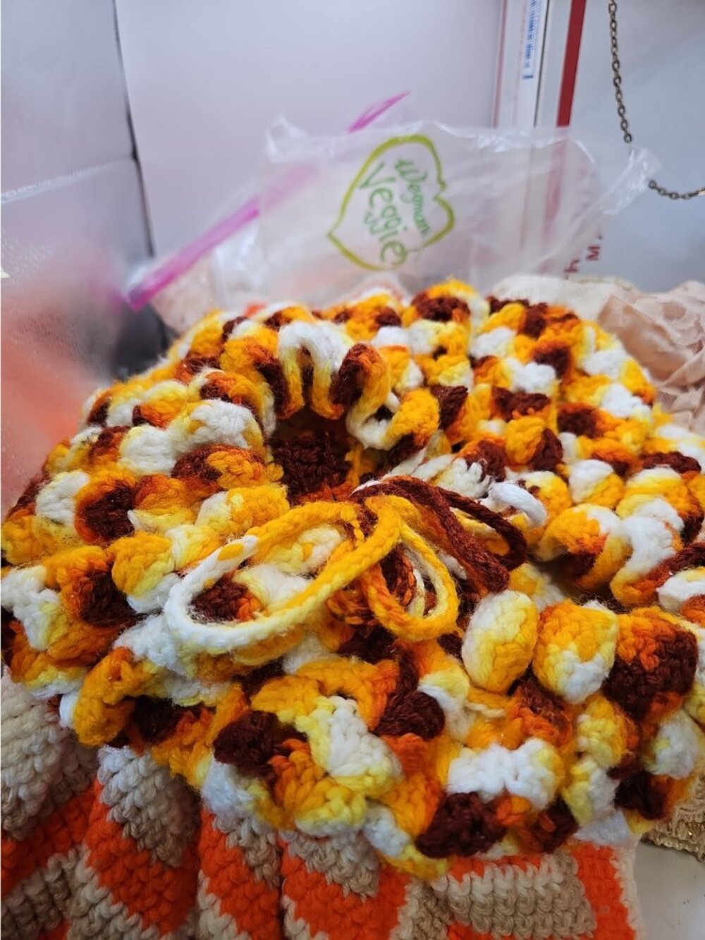 Bag Crochet Drawstring Handmade Popcorn Stitch Variegated Fall Colors Gold...